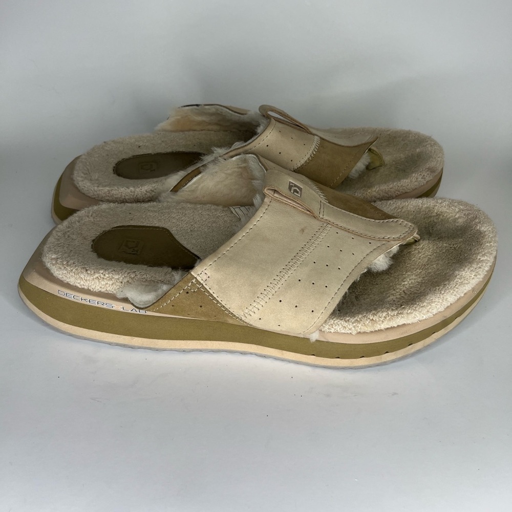 deckers x lab Sandals Slippers Men Size 12 Beige Leather Comfort flip flops